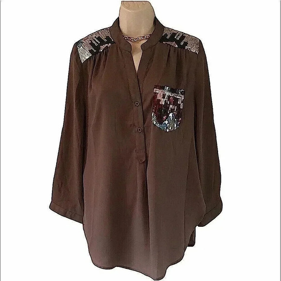 Entro brown long sleeve sequence blouse size small southwestern design - Picture 2 of 11